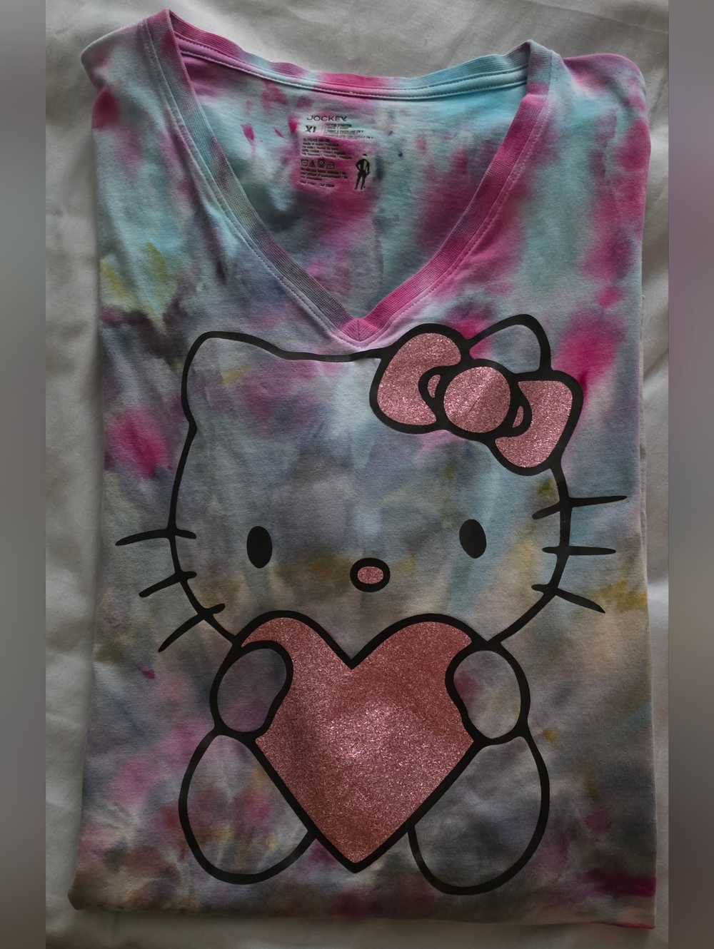 Custom Tie-dyed Jockey Brand T-shirt Pink Blue Hello Kitty Heart Women's Sz XL
